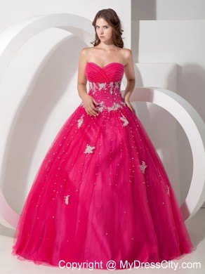 Coral Red Sweetheart Tulle Appliques and Beading Quinceanera Dress