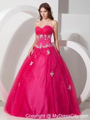 Coral Red Sweetheart Tulle Appliques and Beading Quinceanera Dress