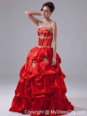 A-Line Appliques Taffeta Red Floor-length Strapless Prom Dress