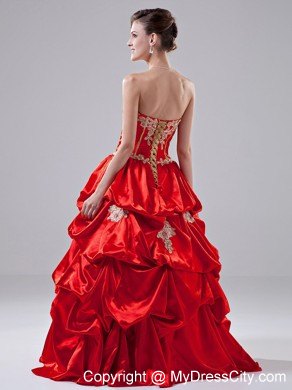 A-Line Appliques Taffeta Red Floor-length Strapless Prom Dress