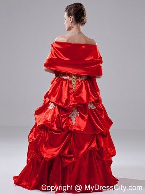 A-Line Appliques Taffeta Red Floor-length Strapless Prom Dress