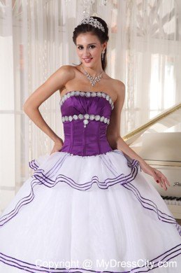 White and Purple Organza Appliques Quinceanera Party Dress