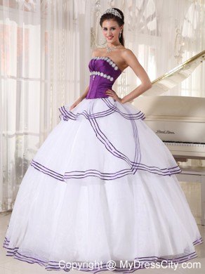 White and Purple Organza Appliques Quinceanera Party Dress