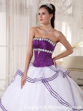 White and Purple Organza Appliques Quinceanera Party Dress