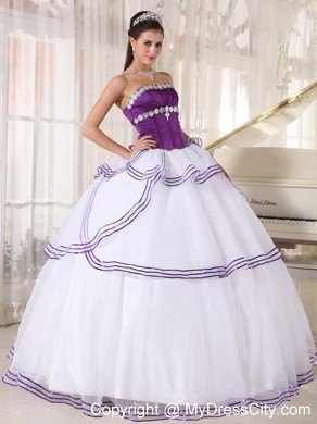 White and Purple Organza Appliques Quinceanera Party Dress