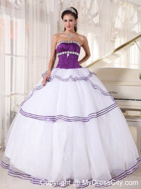 White and Purple Organza Appliques Quinceanera Party Dress