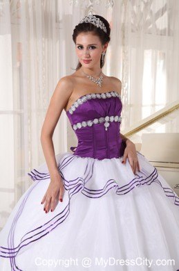 White and Purple Organza Appliques Quinceanera Party Dress