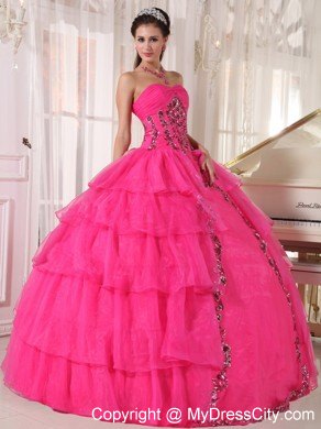 Hot Pink Sweetheart Organza Paillette Puffy Quinceanera Dress