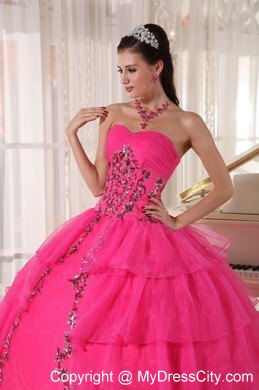 Hot Pink Sweetheart Organza Paillette Puffy Quinceanera Dress