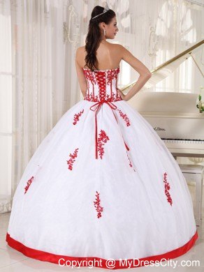 White Satin and Organza Quinceanera Dress with Red Appliques