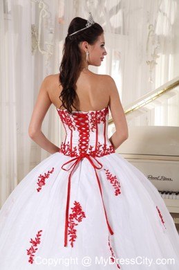 White Satin and Organza Quinceanera Dress with Red Appliques