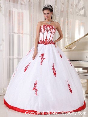 White Satin and Organza Quinceanera Dress with Red Appliques