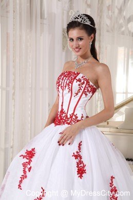 White Satin and Organza Quinceanera Dress with Red Appliques