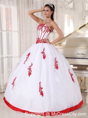 White Satin and Organza Quinceanera Dress with Red Appliques