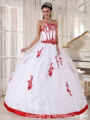 White Satin and Organza Quinceanera Dress with Red Appliques