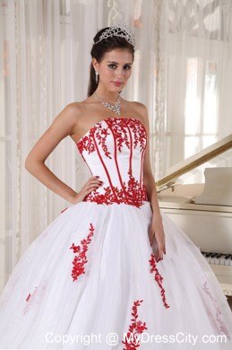 White Satin and Organza Quinceanera Dress with Red Appliques