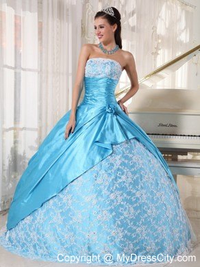 Aqua Blue Floor-length Taffeta and Lace Sweet 16 Dresses