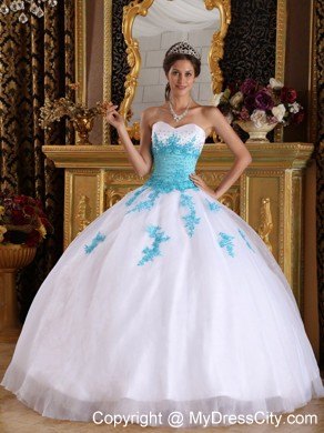 White and Blue Sweetheart Appliques Organza Dress for Sweet 16