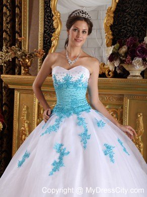 White and Blue Sweetheart Appliques Organza Dress for Sweet 16