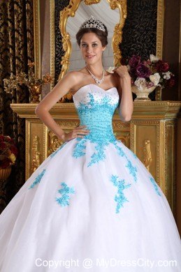 White and Blue Sweetheart Appliques Organza Dress for Sweet 16