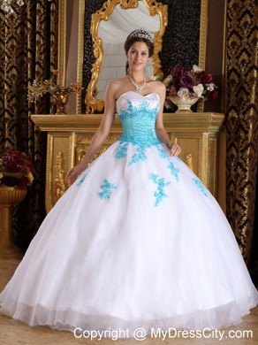 White and Blue Sweetheart Appliques Organza Dress for Sweet 16