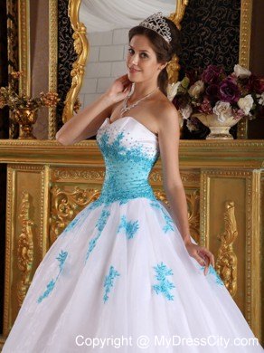 White and Blue Sweetheart Appliques Organza Dress for Sweet 16