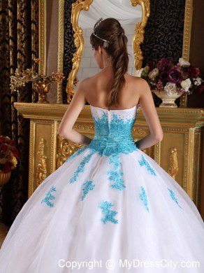 White and Blue Sweetheart Appliques Organza Dress for Sweet 16