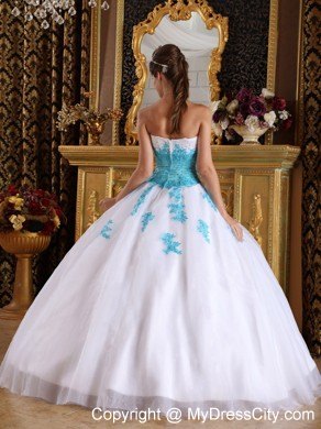 White and Blue Sweetheart Appliques Organza Dress for Sweet 16