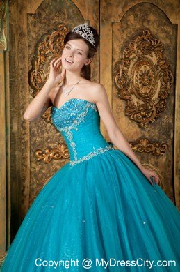 A-Line Teal Sweetheart Beading Tulle Quinceanera Dress