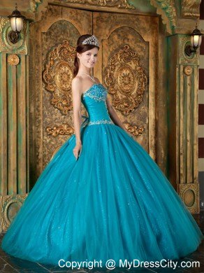 A-Line Teal Sweetheart Beading Tulle Quinceanera Dress