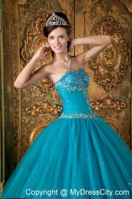 A-Line Teal Sweetheart Beading Tulle Quinceanera Dress