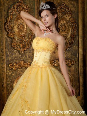 Strapless Yellow Fitted Appliques Organza Quinceanera Dress