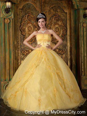 Strapless Yellow Fitted Appliques Organza Quinceanera Dress