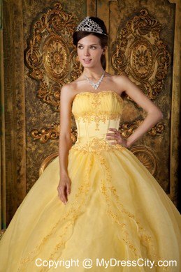 Strapless Yellow Fitted Appliques Organza Quinceanera Dress