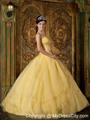 Strapless Yellow Fitted Appliques Organza Quinceanera Dress