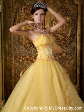 Strapless Yellow Fitted Appliques Organza Quinceanera Dress