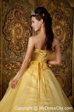 Strapless Yellow Fitted Appliques Organza Quinceanera Dress