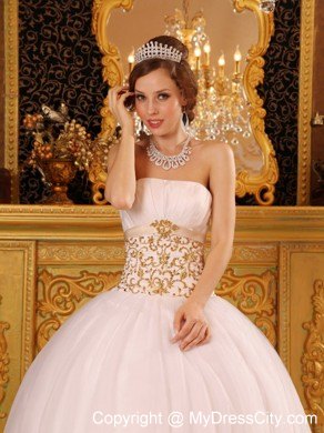 White Satin and Organza Quinceanera Dress with Gold Appliques