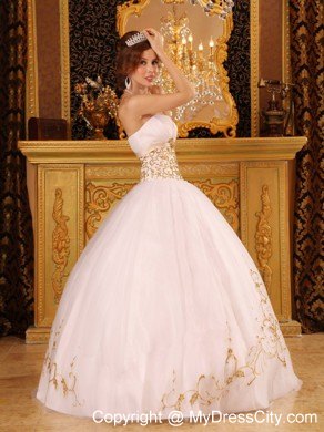 White Satin and Organza Quinceanera Dress with Gold Appliques