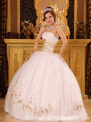 White Satin and Organza Quinceanera Dress with Gold Appliques