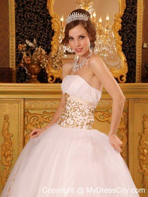 White Satin and Organza Quinceanera Dress with Gold Appliques