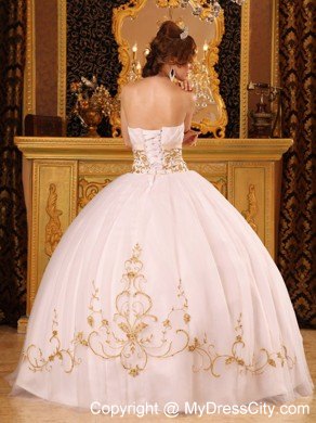 White Satin and Organza Quinceanera Dress with Gold Appliques