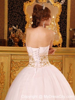 White Satin and Organza Quinceanera Dress with Gold Appliques