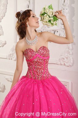 Hot Pink A-Line Satin and Organza Beaded Sweet 16 Dresses