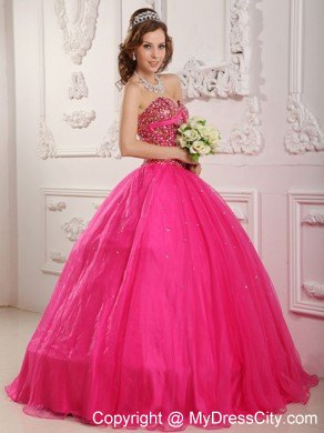 Hot Pink A-Line Satin and Organza Beaded Sweet 16 Dresses