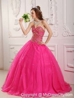 Hot Pink A-Line Satin and Organza Beaded Sweet 16 Dresses