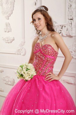 Hot Pink A-Line Satin and Organza Beaded Sweet 16 Dresses