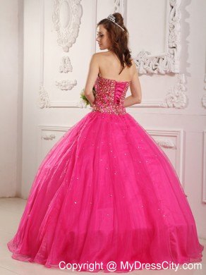 Hot Pink A-Line Satin and Organza Beaded Sweet 16 Dresses