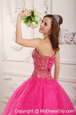 Hot Pink A-Line Satin and Organza Beaded Sweet 16 Dresses