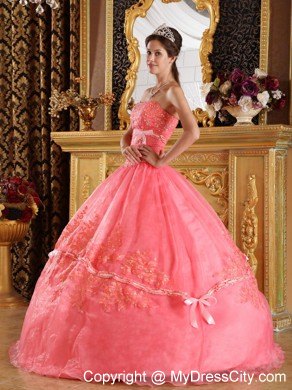 Watermelon Red Strapless Quinceanera Dress with Appliques